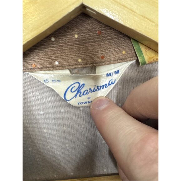 Vintage Charisma Townline 70s Disco Men M 15.5 Brown Groovy Button Shirt - Picture 4 of 6